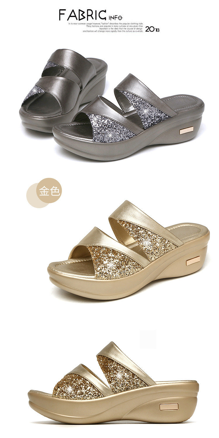Sandals Women's Summer Foreign Trade Fashion 2020 New Thick-Soled Platform Wedge Women's Easiest for Match Fish Mouth Sandals and Slippers Mom's Shoes