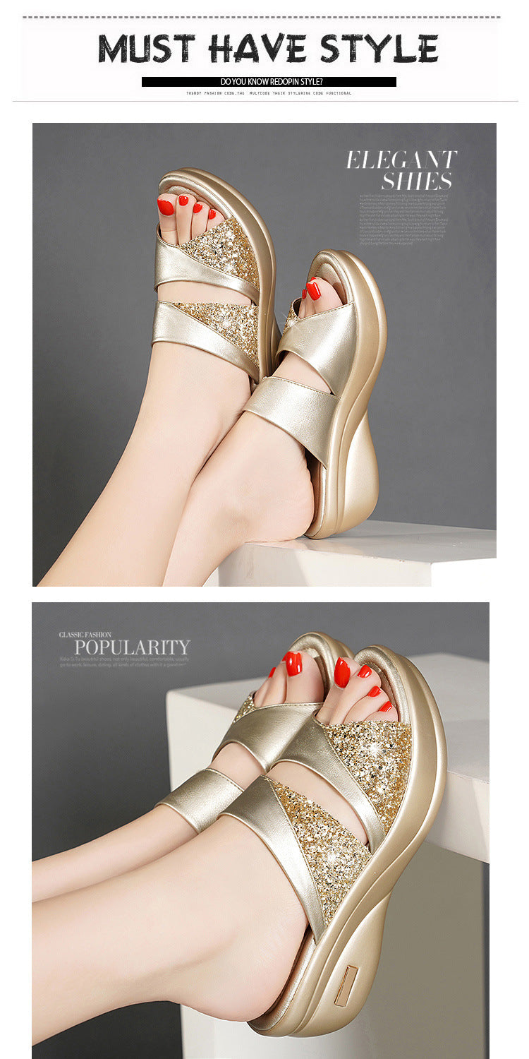Sandals Women's Summer Foreign Trade Fashion 2020 New Thick-Soled Platform Wedge Women's Easiest for Match Fish Mouth Sandals and Slippers Mom's Shoes