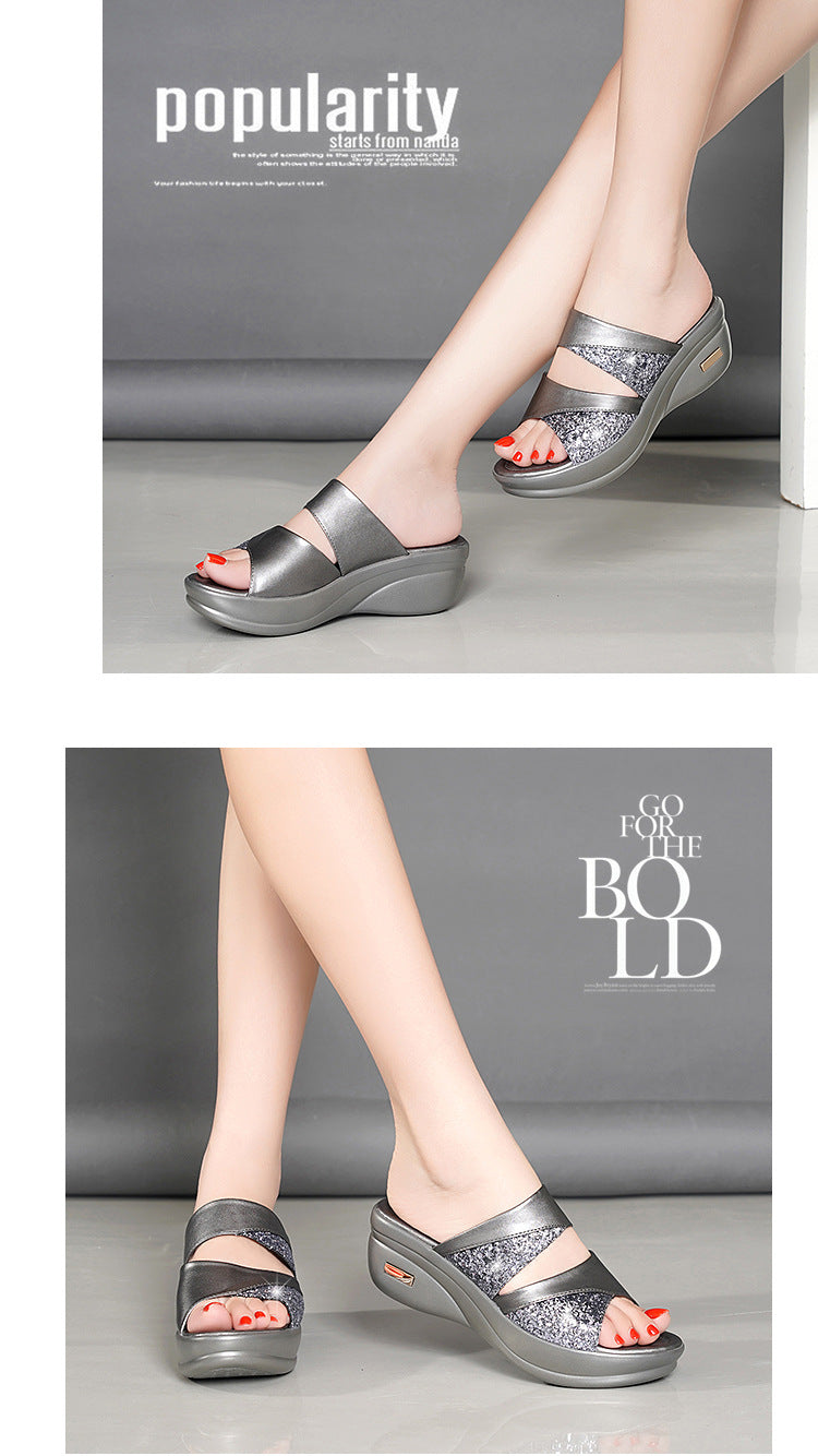 Sandals Women's Summer Foreign Trade Fashion 2020 New Thick-Soled Platform Wedge Women's Easiest for Match Fish Mouth Sandals and Slippers Mom's Shoes