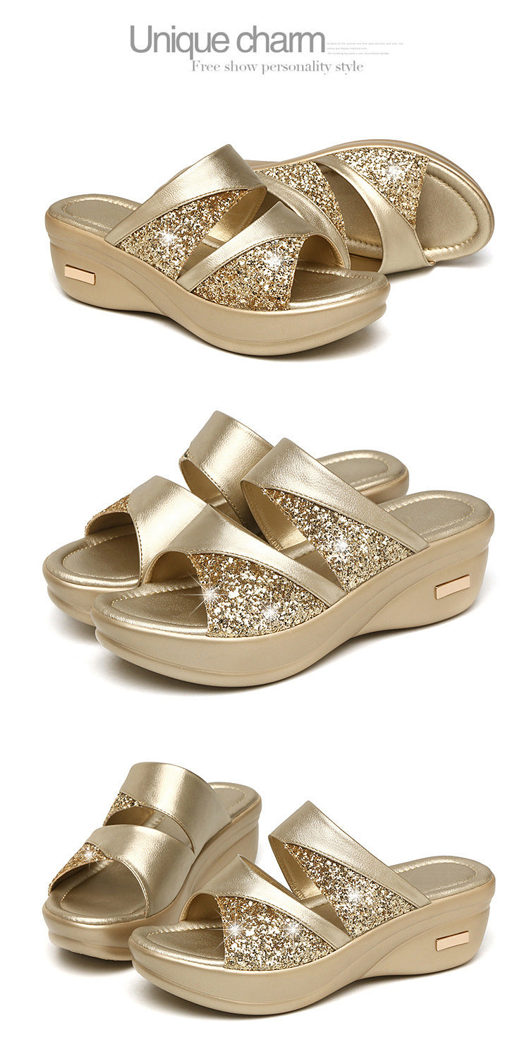 Sandals Women's Summer Foreign Trade Fashion 2020 New Thick-Soled Platform Wedge Women's Easiest for Match Fish Mouth Sandals and Slippers Mom's Shoes