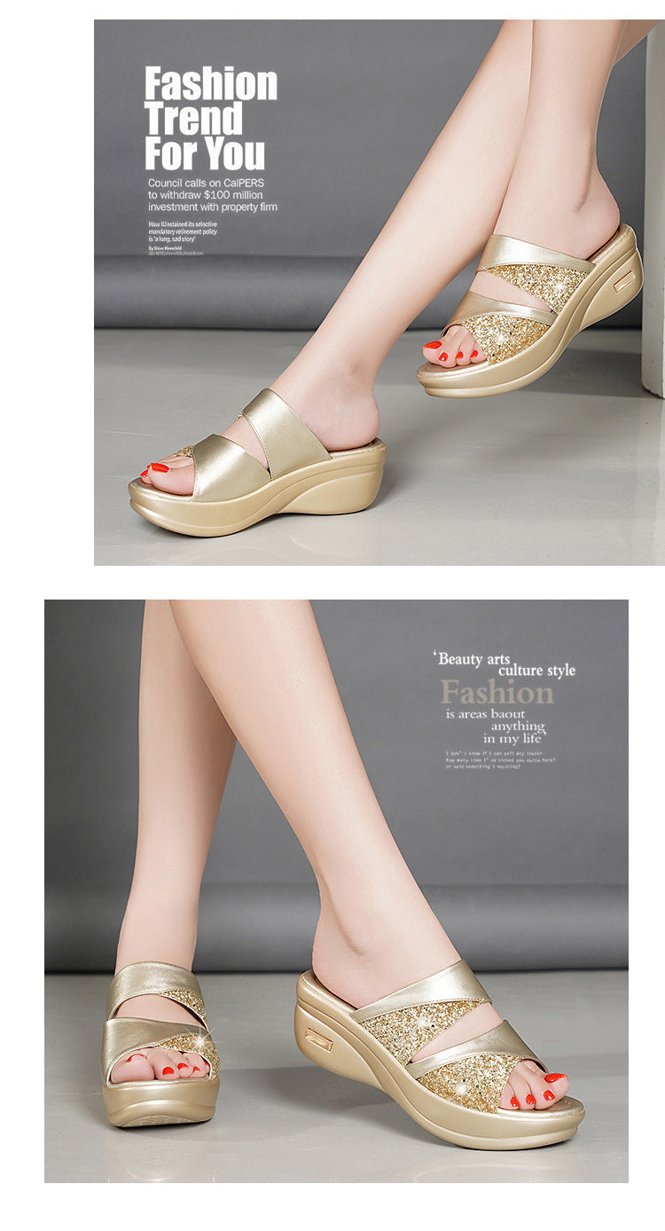 Sandals Women's Summer Foreign Trade Fashion 2020 New Thick-Soled Platform Wedge Women's Easiest for Match Fish Mouth Sandals and Slippers Mom's Shoes
