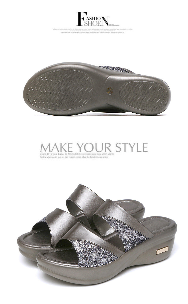 Sandals Women's Summer Foreign Trade Fashion 2020 New Thick-Soled Platform Wedge Women's Easiest for Match Fish Mouth Sandals and Slippers Mom's Shoes