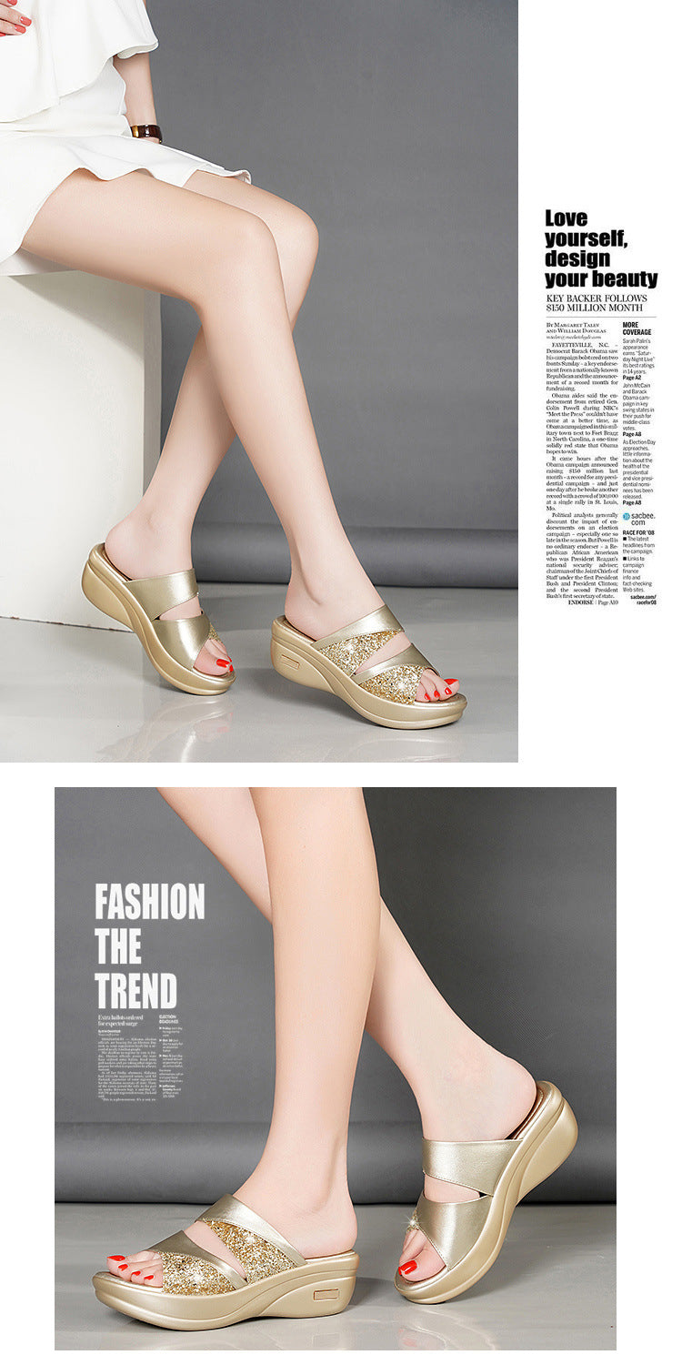 Sandals Women's Summer Foreign Trade Fashion 2020 New Thick-Soled Platform Wedge Women's Easiest for Match Fish Mouth Sandals and Slippers Mom's Shoes