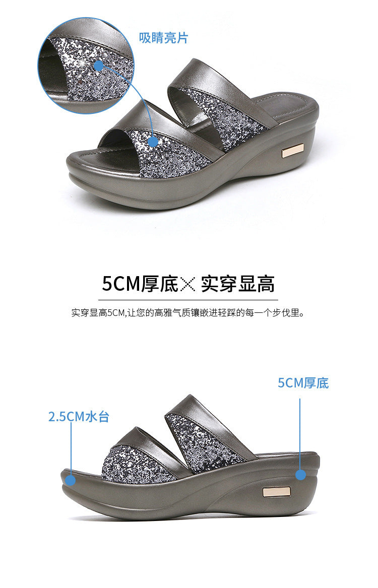 Sandals Women's Summer Foreign Trade Fashion 2020 New Thick-Soled Platform Wedge Women's Easiest for Match Fish Mouth Sandals and Slippers Mom's Shoes