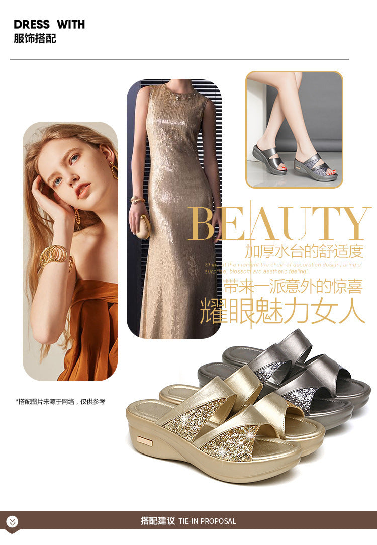 Sandals Women's Summer Foreign Trade Fashion 2020 New Thick-Soled Platform Wedge Women's Easiest for Match Fish Mouth Sandals and Slippers Mom's Shoes