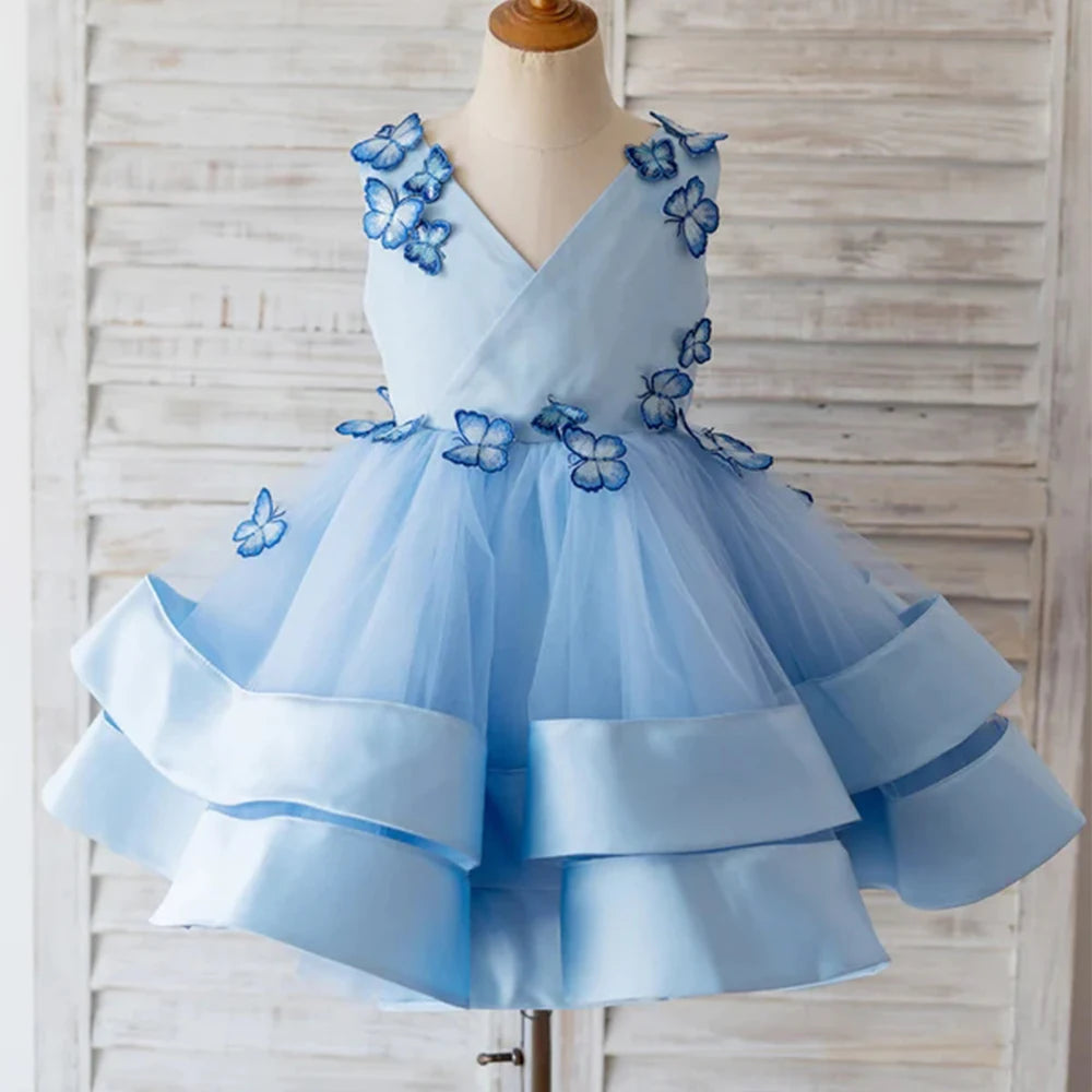 Sky Blue Sleeveless Flower Girl Dress Classic V-Neck Tulle and Satin with Butterflies A-Line Children Baby Party Customized Gown