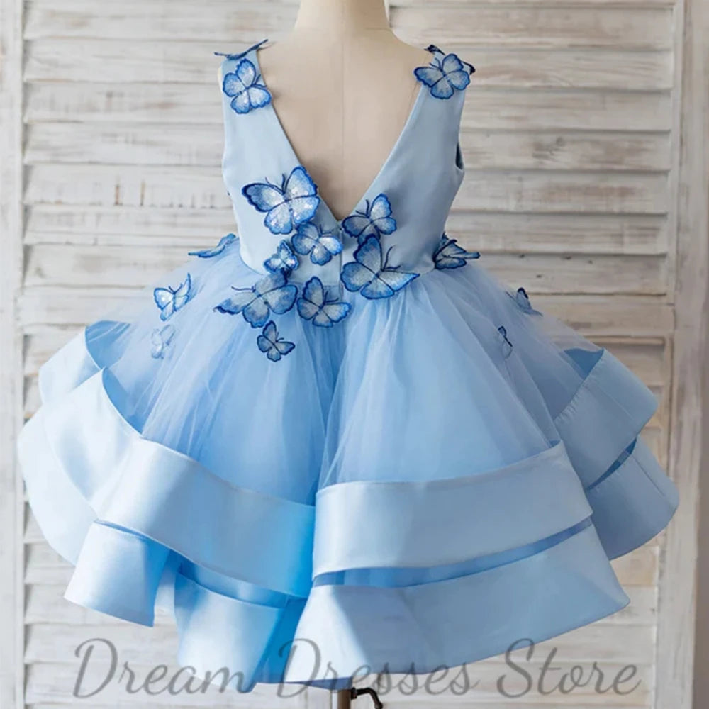 Sky Blue Sleeveless Flower Girl Dress Classic V-Neck Tulle and Satin with Butterflies A-Line Children Baby Party Customized Gown