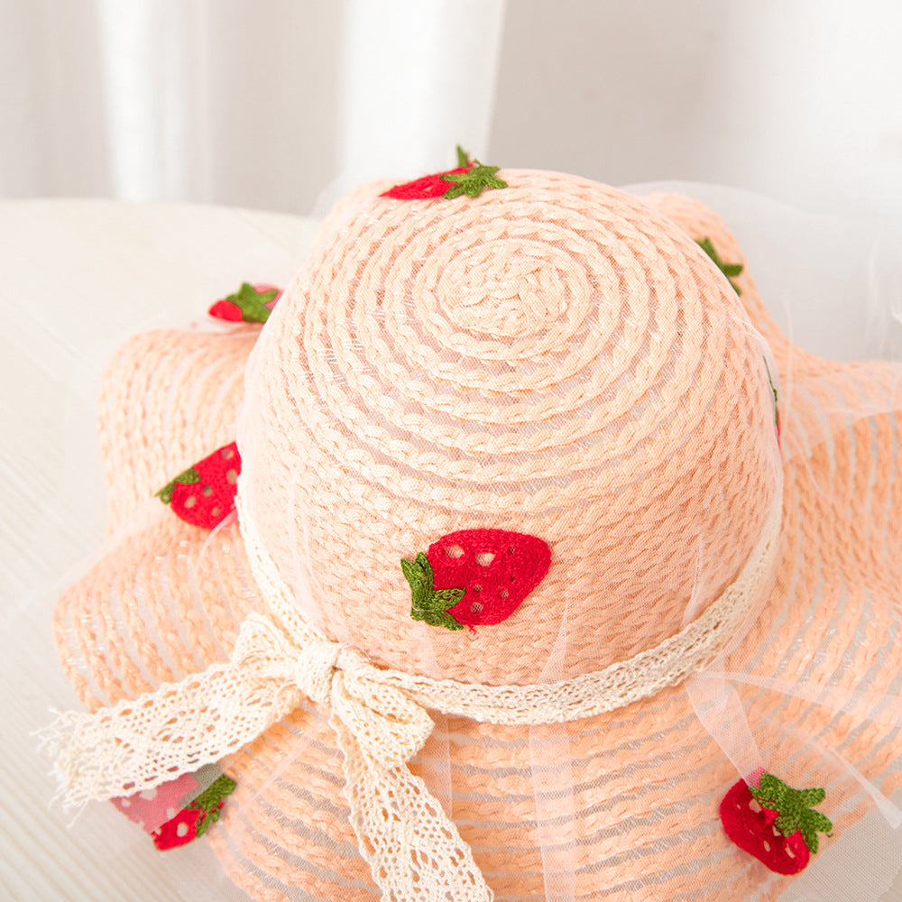 Summer Children's Sunscreen Hat Girls Baby Cute Sun Hat Strawberry Mesh Straw Hat Big Brim Beach Sun Hat