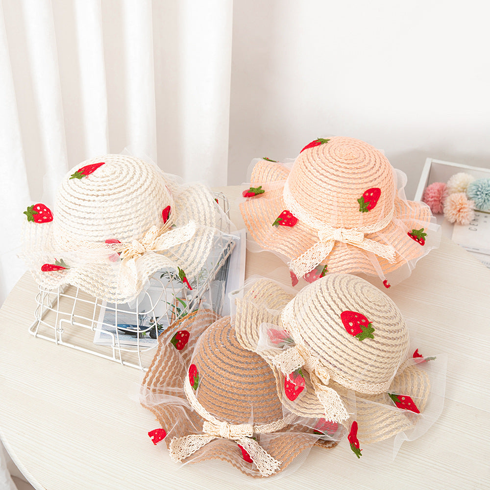 Summer Children's Sunscreen Hat Girls Baby Cute Sun Hat Strawberry Mesh Straw Hat Big Brim Beach Sun Hat