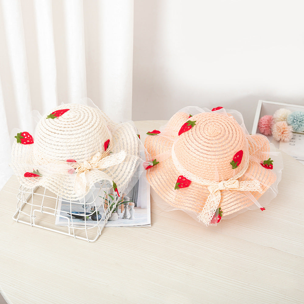 Summer Children's Sunscreen Hat Girls Baby Cute Sun Hat Strawberry Mesh Straw Hat Big Brim Beach Sun Hat