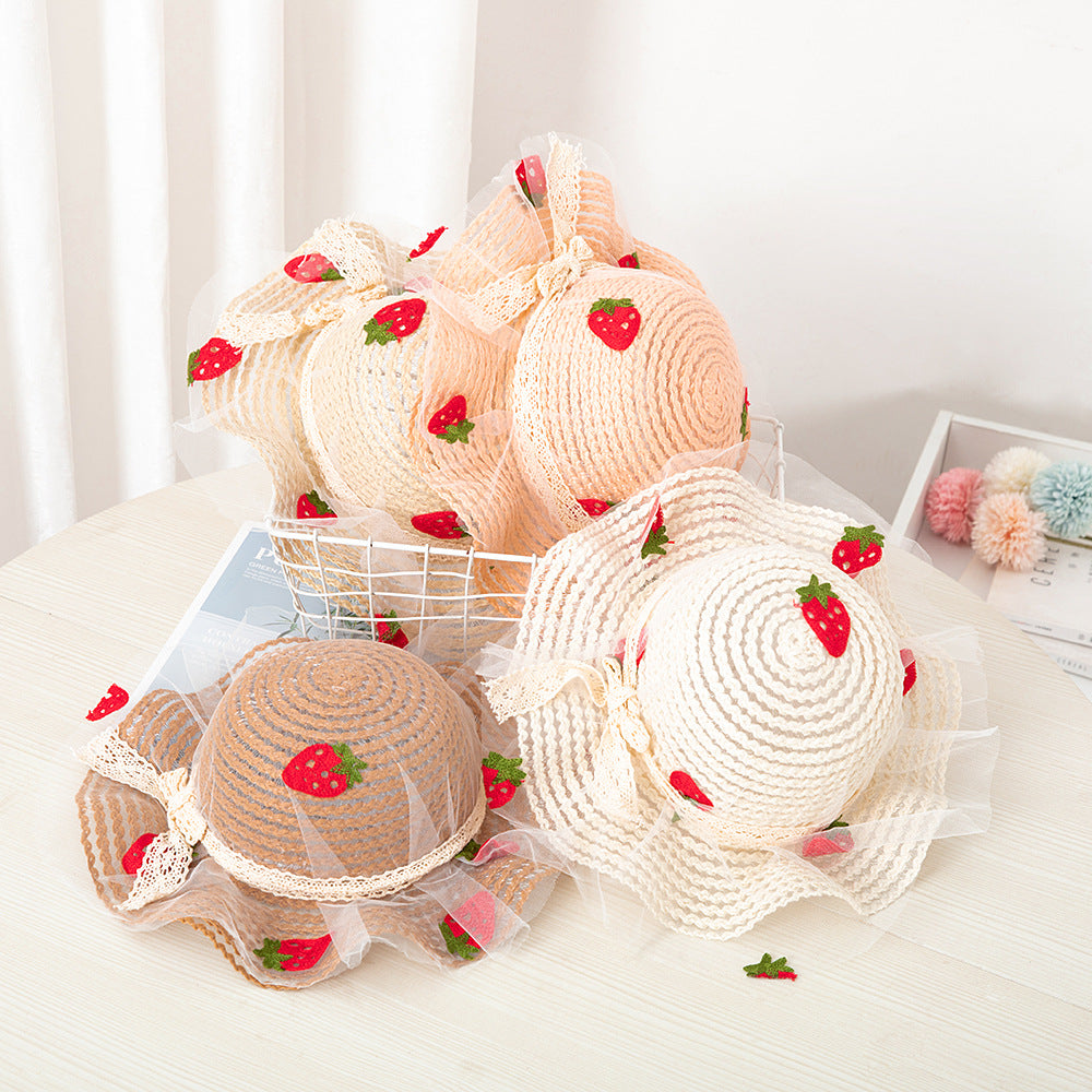 Summer Children's Sunscreen Hat Girls Baby Cute Sun Hat Strawberry Mesh Straw Hat Big Brim Beach Sun Hat