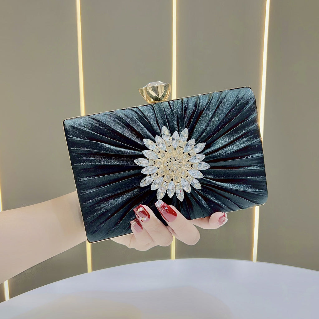 New Amazon Cross Border Birthday Wedding Banquet Evening Bag Pleated Shiny Rhinestone Dress Evening Bag Joker Bag