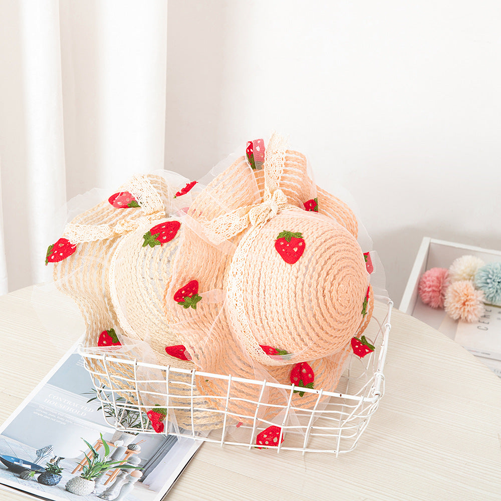 Summer Children's Sunscreen Hat Girls Baby Cute Sun Hat Strawberry Mesh Straw Hat Big Brim Beach Sun Hat