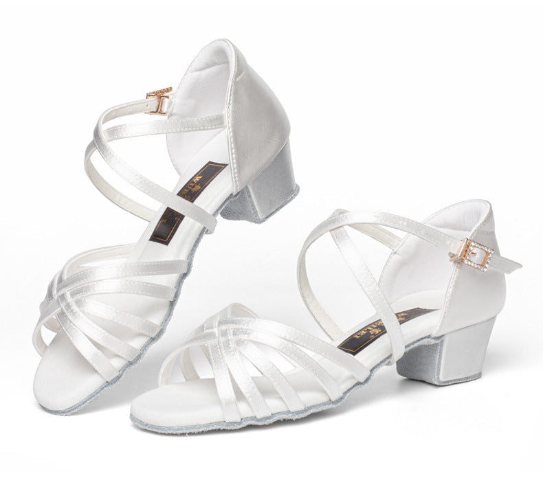 White Professional Latin Dance Shoes for Kidsren and Girls, Soft-Soled Dance Practice Shoes for Girls, Low-Heeled Kidsren's Dance Shoes for Grade Examination