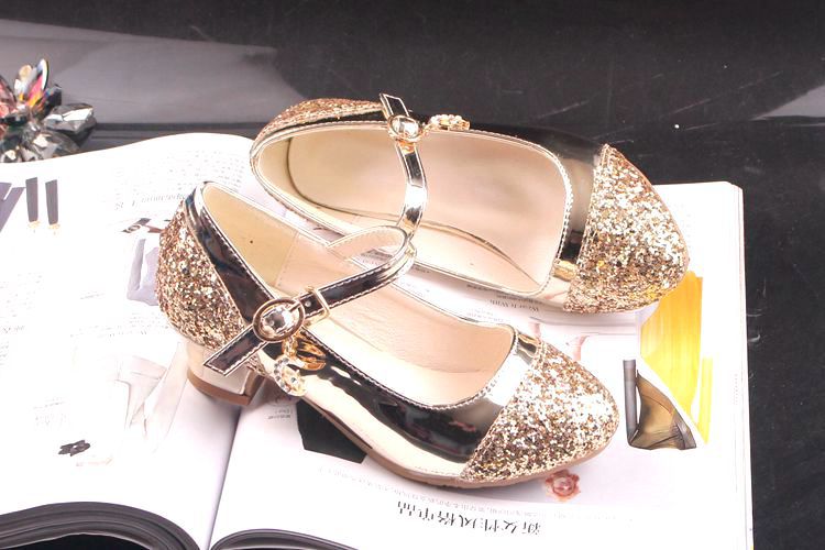 Gold Glitter Girl Heeled Shoe Girl Ceremony Dress Shoes for Party and Wedding Shiny Golden Formal Shoes with Sequins for Girls