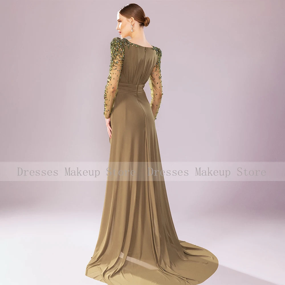 Luxury Wedding Party Dress Crystal Long Sleeves Column Formal Evening Gowns Green Chiffon Side Split Mother of the Bride Dresses