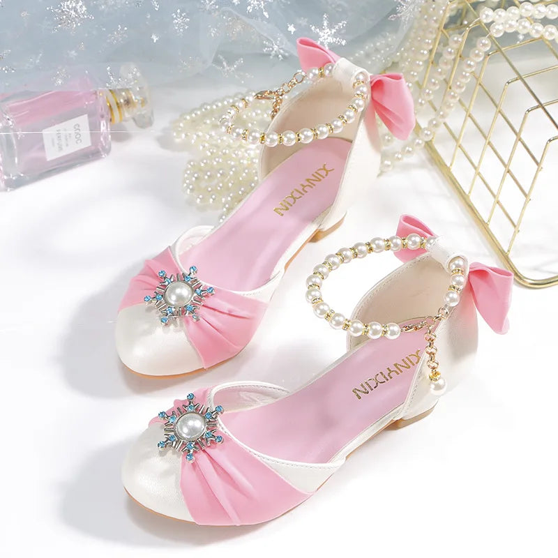 Kids Leather Shoes for Girls Knot Banquet Party Children High Heel Shoe for Kids Girls Sandals Student Crystal Princess Shoes
