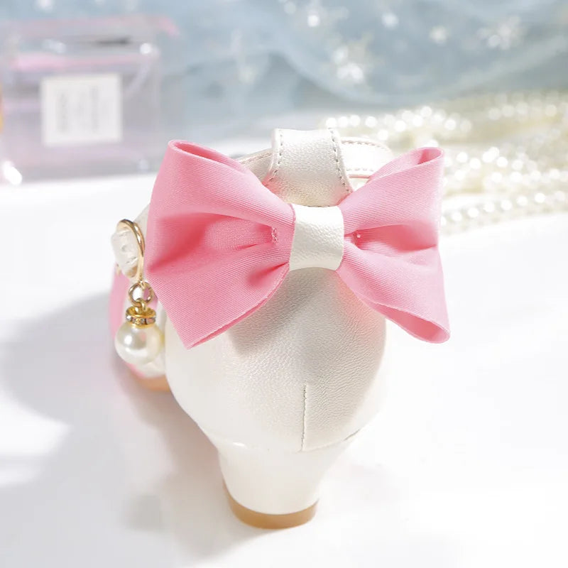 Kids Leather Shoes for Girls Knot Banquet Party Children High Heel Shoe for Kids Girls Sandals Student Crystal Princess Shoes