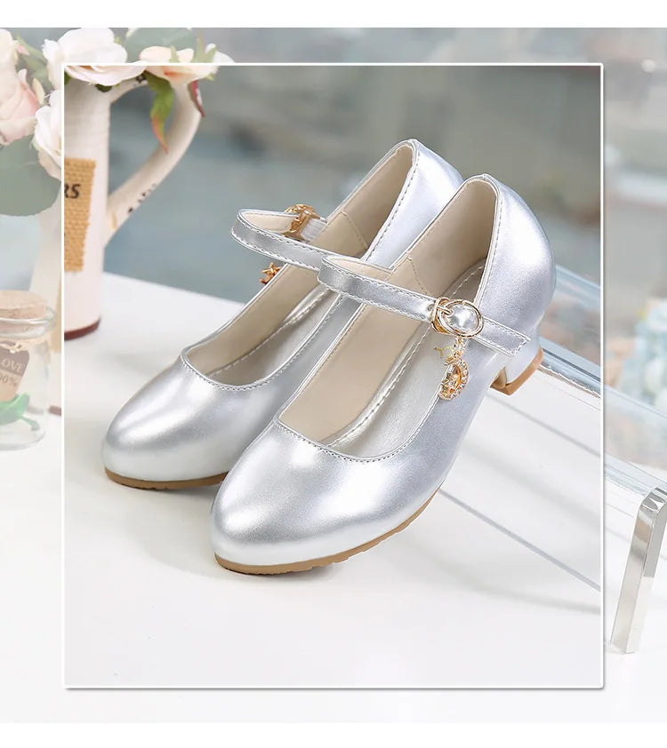 2024 New Four Seasons Girls High Heels Princess Performance Shoe for Students White Children Wedding Party Dnace Shoes Black Red