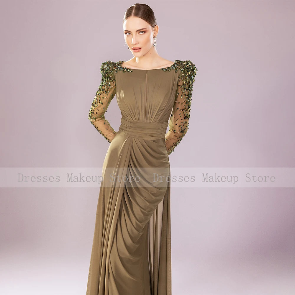 Luxury Wedding Party Dress Crystal Long Sleeves Column Formal Evening Gowns Green Chiffon Side Split Mother of the Bride Dresses