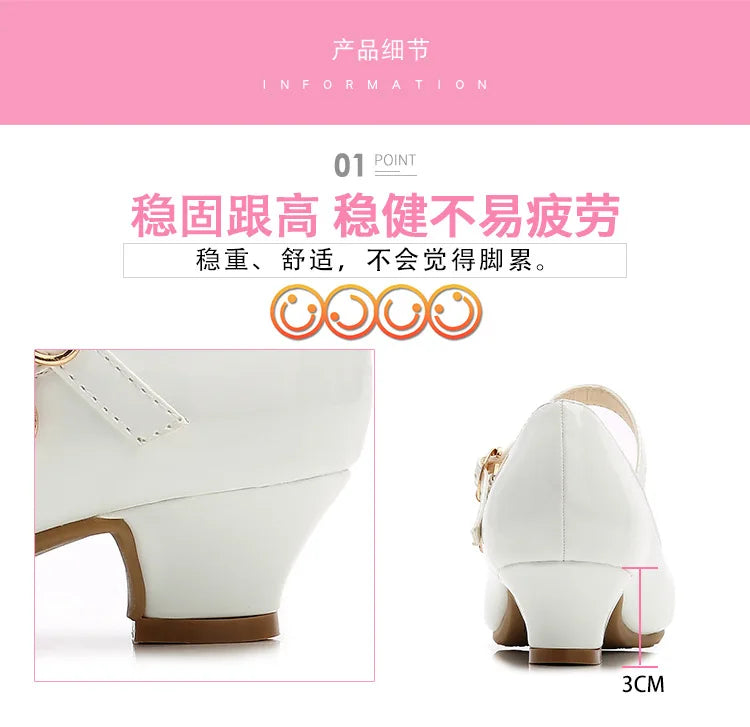 2024 New Four Seasons Girls High Heels Princess Performance Shoe for Students White Children Wedding Party Dnace Shoes Black Red
