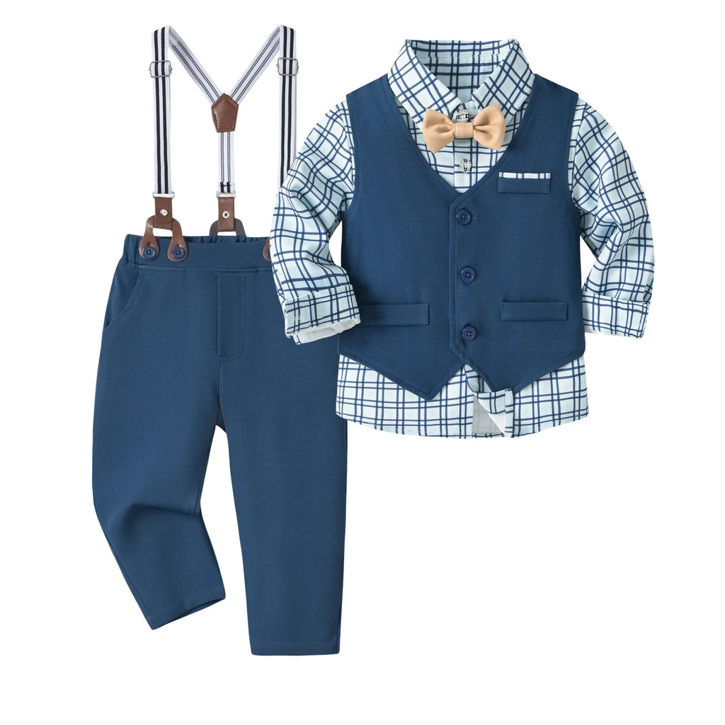 Vest Spring Set 1 2 3 4 5 Years Boy Host Wedding Costume Kid Cotton Suit Plaid Shirt with Solid Pants Strap Outfit Party Clothes