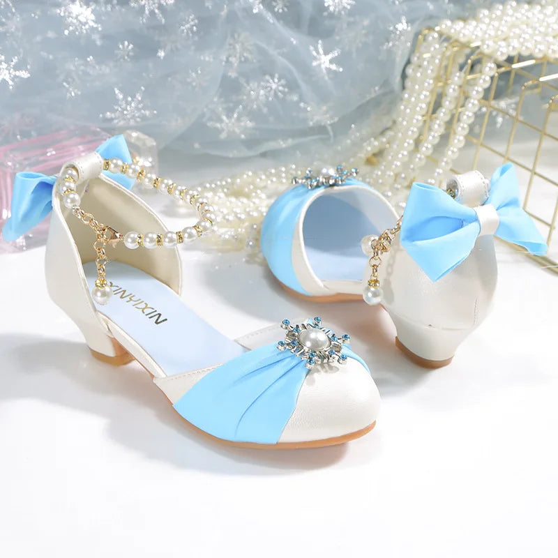Kids Leather Shoes for Girls Knot Banquet Party Children High Heel Shoe for Kids Girls Sandals Student Crystal Princess Shoes