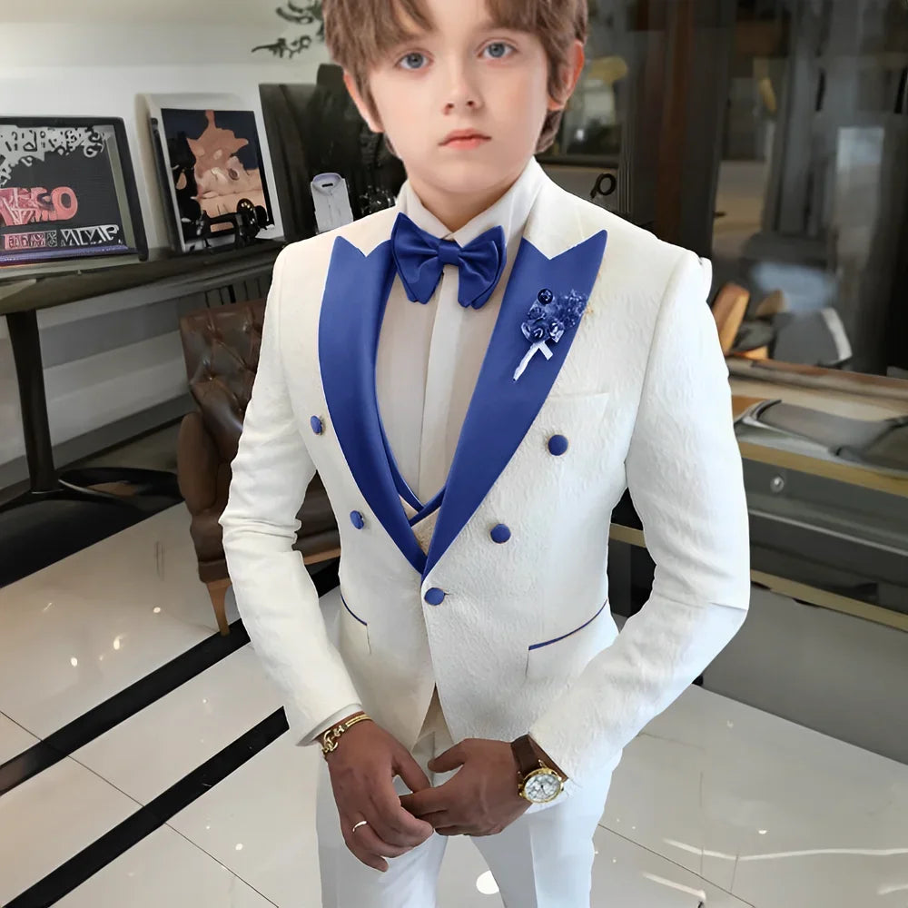 White Floral Wedding Tuxedo for Boys 3 Pieces Jacquard Suits Double Breasted Kids Tuxedo 2025 Fashion Design Jacket Pants Vest