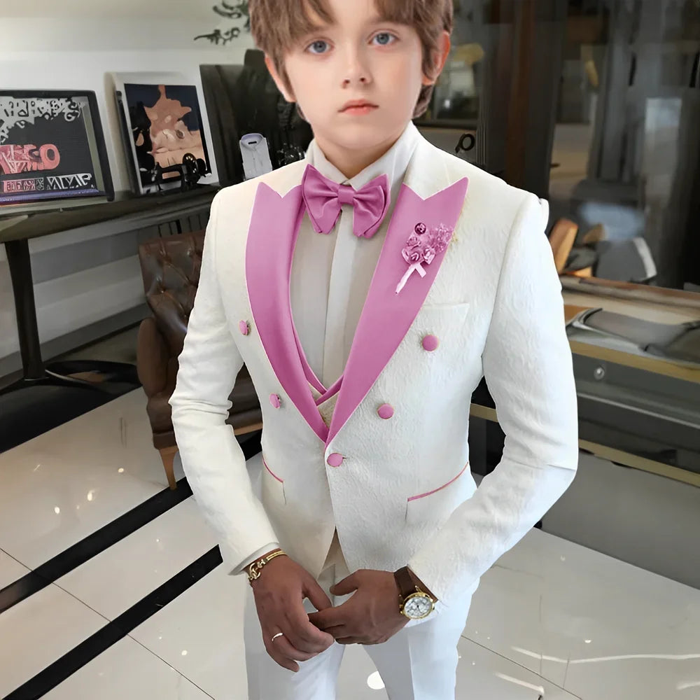 White Floral Wedding Tuxedo for Boys 3 Pieces Jacquard Suits Double Breasted Kids Tuxedo 2025 Fashion Design Jacket Pants Vest