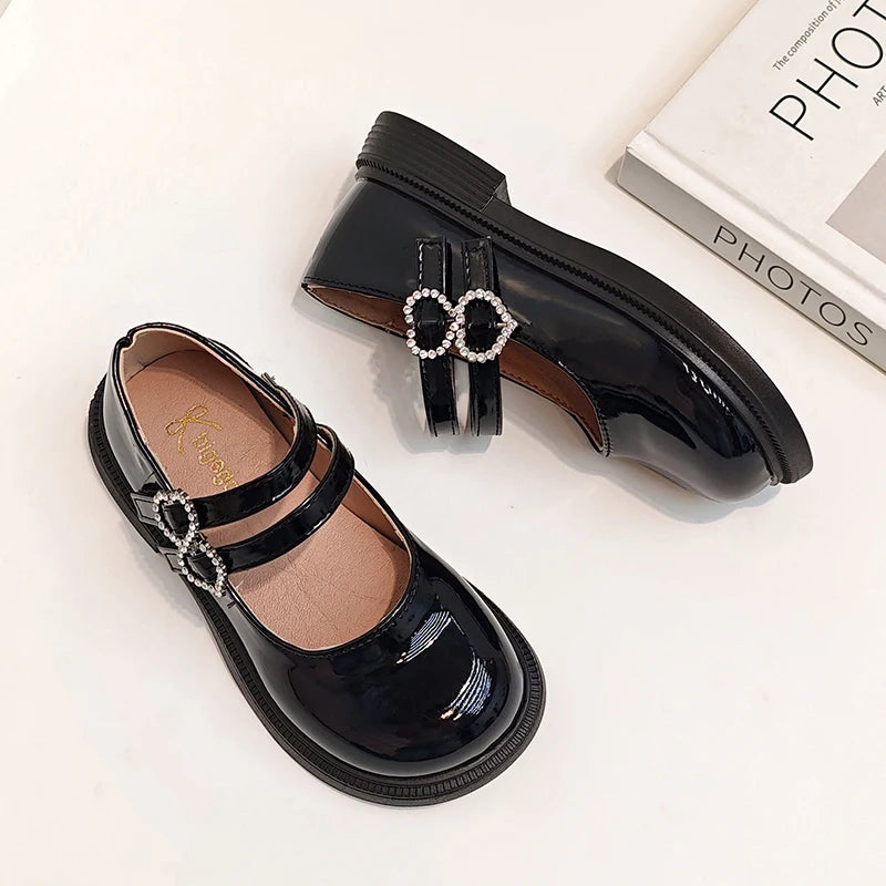 Girls Mary Jane Shoes Children's Double Heart Buckle Princess Shoes Lolita Style Kids Leather Shoes for Party Wedding Size 21-36