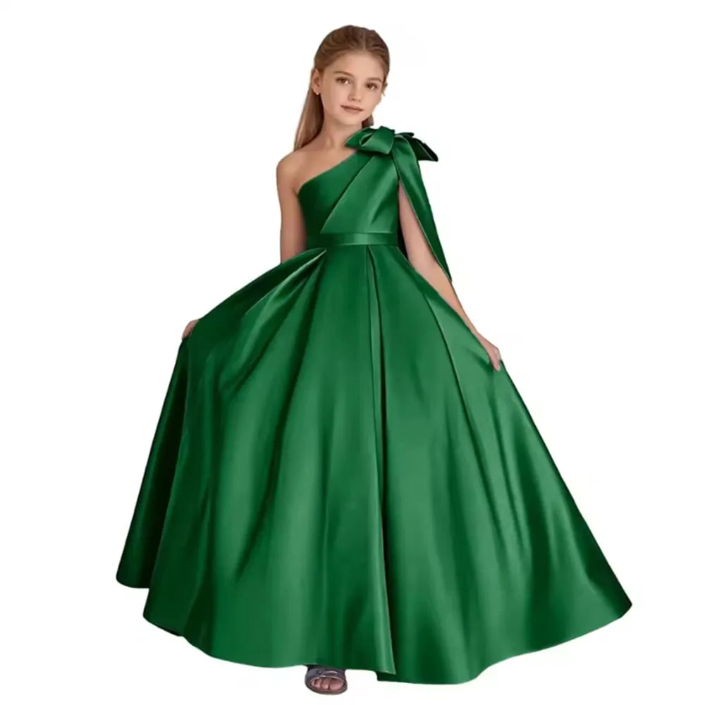 One Shoulder Flower Girl Dress for Wedding Satin Pageant Dresses for Girls First Communion Dress with Bow Ball Gown