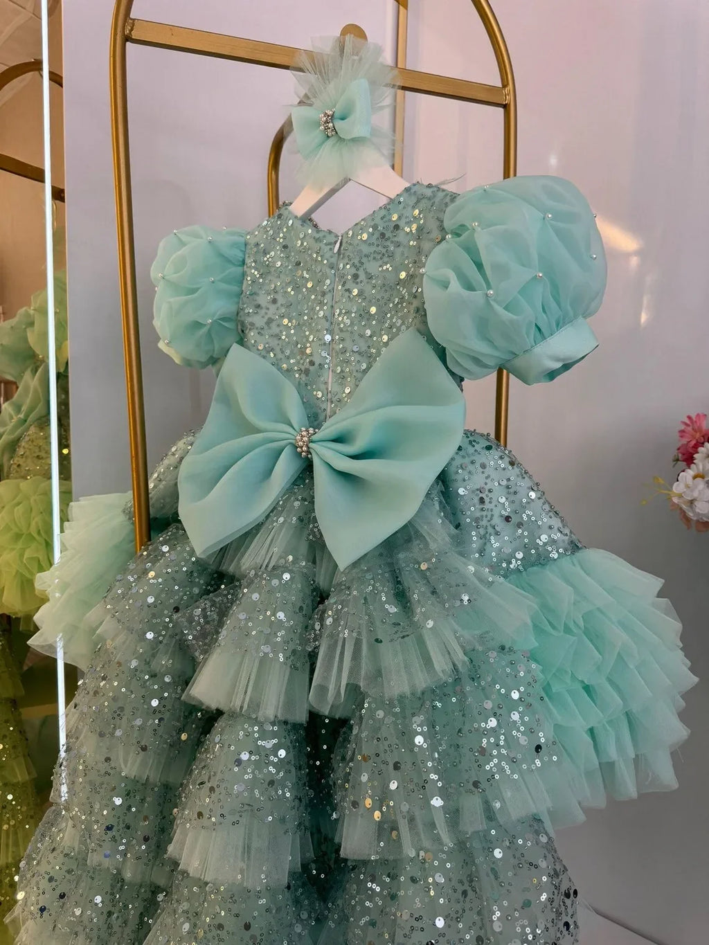 Customized Flower Girl Dresses for Weddings Party Birthday Pageant Tulle Prom Gown with Train Puffy Glitter Hot Pink Princess