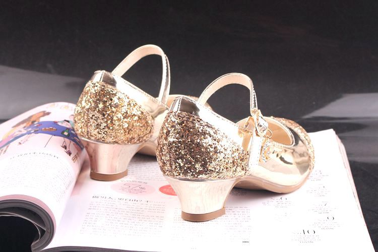 Gold Glitter Girl Heeled Shoe Girl Ceremony Dress Shoes for Party and Wedding Shiny Golden Formal Shoes with Sequins for Girls