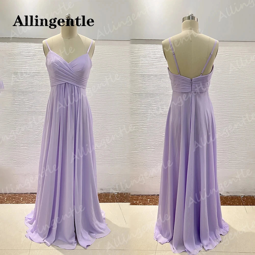 Allingentle Lilac V-Neck Bridesmaid Dress A-Line Spaghetti-straps Pleated Chiffon Side Slit Maxi Dress with Pocket Customized