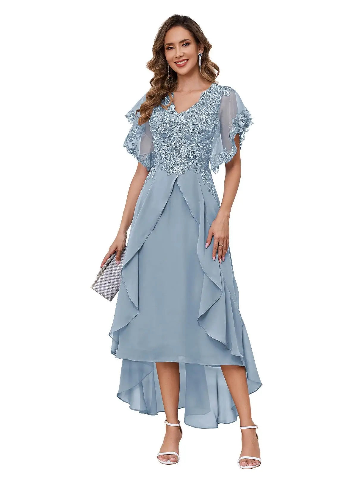 Customized Exquisite Tea Length Mother of The Bride Dresses Ruffle Sleeve V Neck Lace Chiffon Wedding Formal Evening Dress