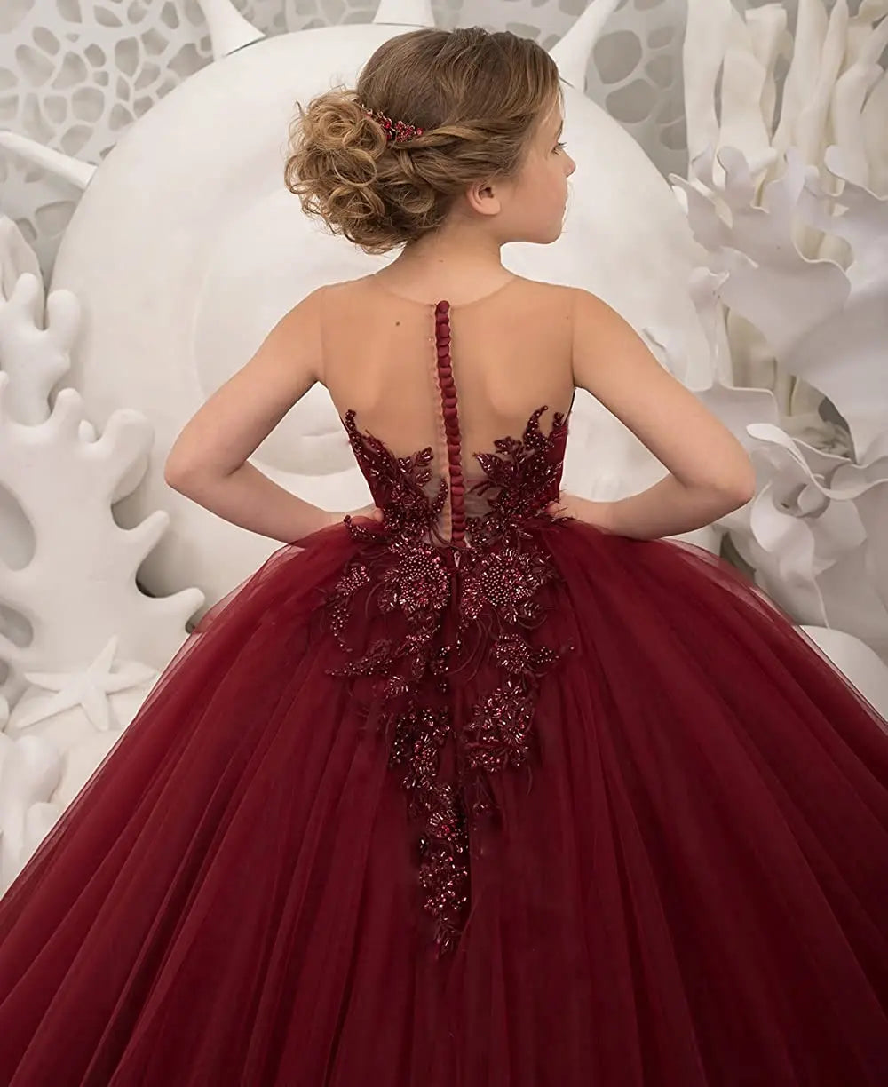 Burgundy Pageant Drsss for Girls Long Train Sheer Neck Flower Girls Dress Lace Toddler Princess Ball Gowns