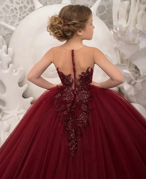 Burgundy Pageant Drsss for Girls Long Train Sheer Neck Flower Girls Dress Lace Toddler Princess Ball Gowns