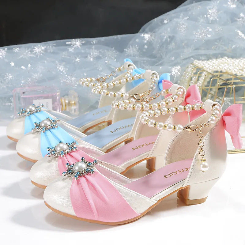 Kids Leather Shoes for Girls Knot Banquet Party Children High Heel Shoe for Kids Girls Sandals Student Crystal Princess Shoes