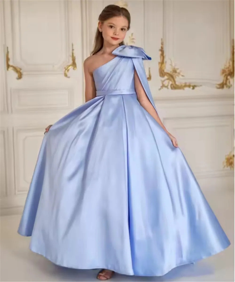 One Shoulder Flower Girl Dress for Wedding Satin Pageant Dresses for Girls First Communion Dress with Bow Ball Gown