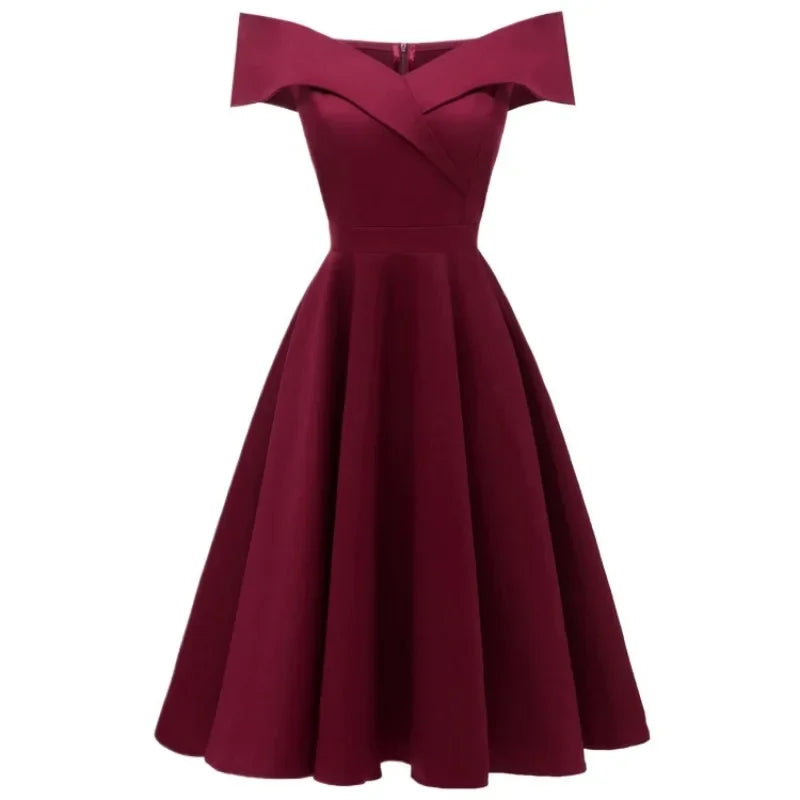 2024 New Vintage Women Summer Dresses Off Shoulder V-Neck Retro 50s 60s Elegant Dress Sexy Rockabilly Party Dress Midi Vestidos