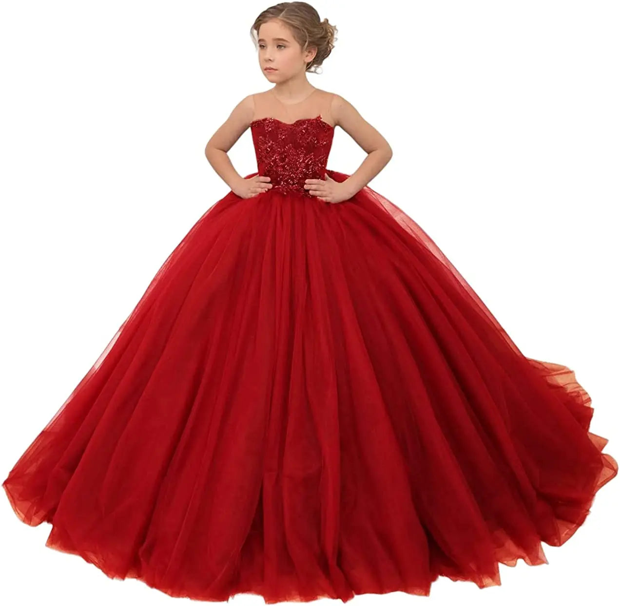 Burgundy Pageant Drsss for Girls Long Train Sheer Neck Flower Girls Dress Lace Toddler Princess Ball Gowns
