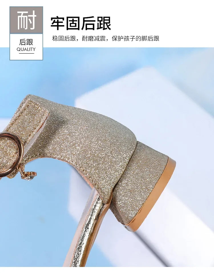 2025 Summer New Children's Sandals Fashion Girls' High Heels Silver Sequins Open Toed Girls' Princess Sandals