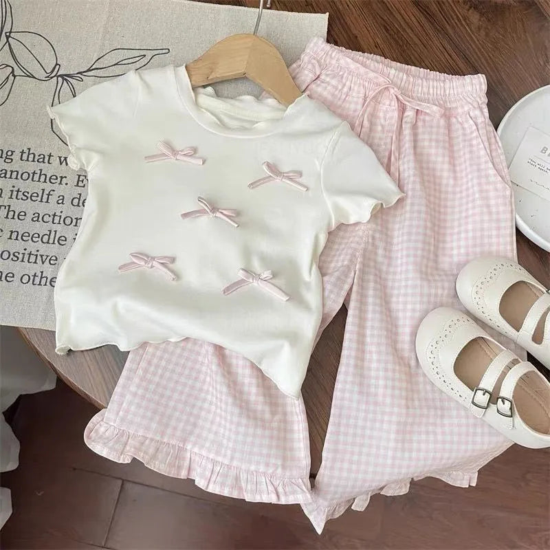 Children's Clothing Sets Bow Short Sleeve Top + Plaid Wide Leg Pants Set Girls Bow T-shirt Clothes Kids Toddler Princess Clothes