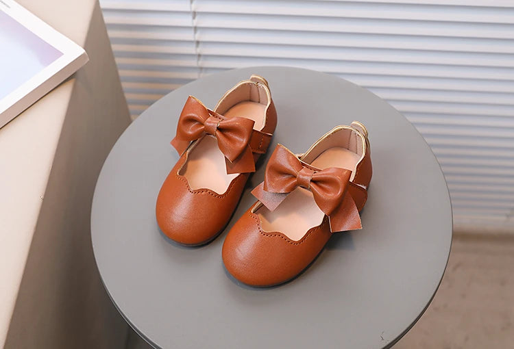 Girl's Princess Shoes Brown White Bowknot Lovely Shallow Children Flat Shoes Sweet Four Seasons 21-30 Light Kids Mary Janes