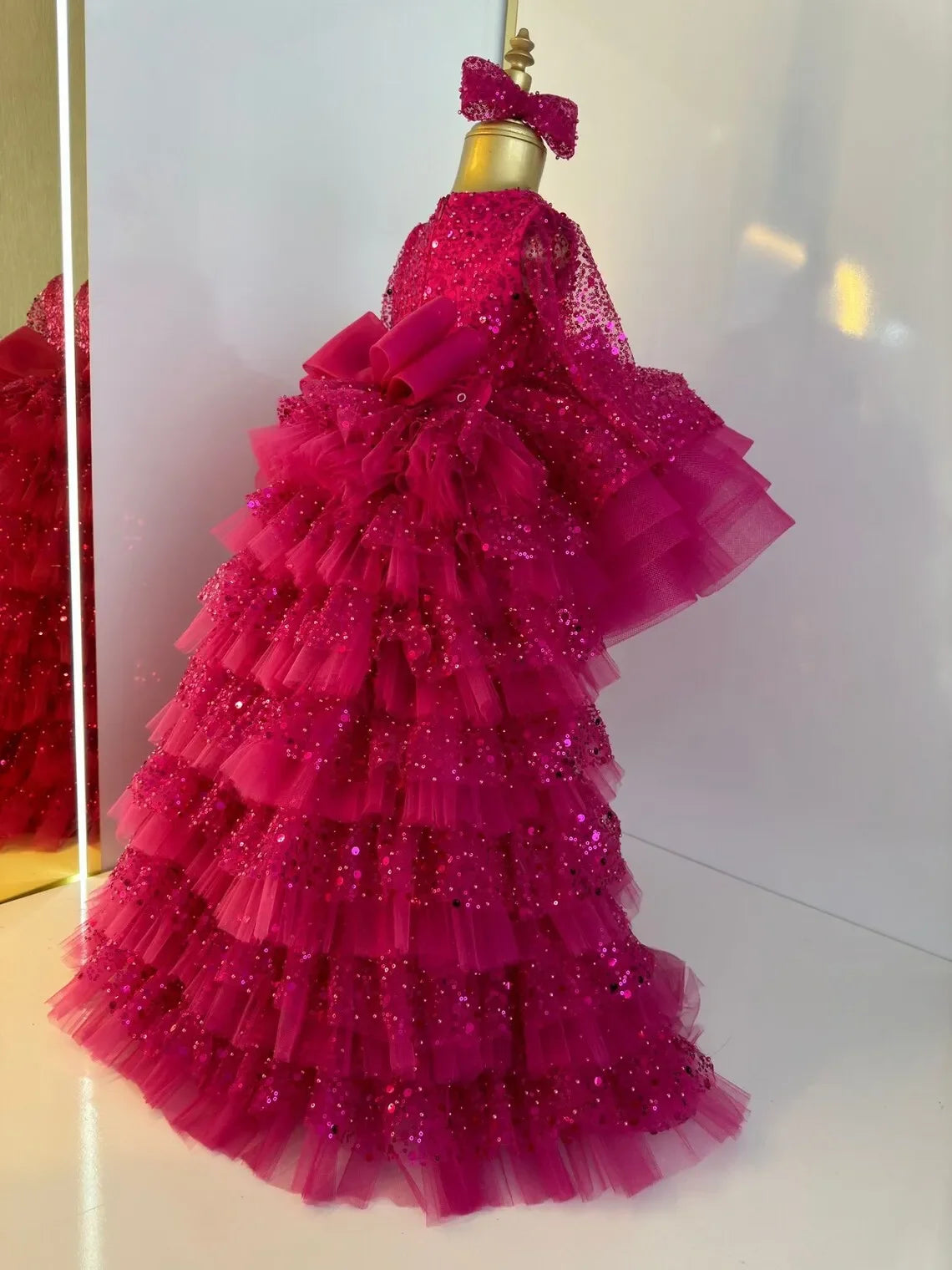 Customized Flower Girl Dresses for Weddings Party Birthday Pageant Tulle Prom Gown with Train Puffy Glitter Hot Pink Princess