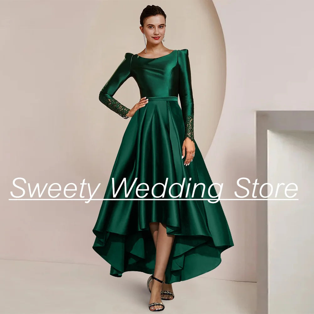 Emerald Green Satin Mother of The Bride Dress Long Sleeves Scoop Lace Covered Back A Line Wedding Guest Gown Party Dresses