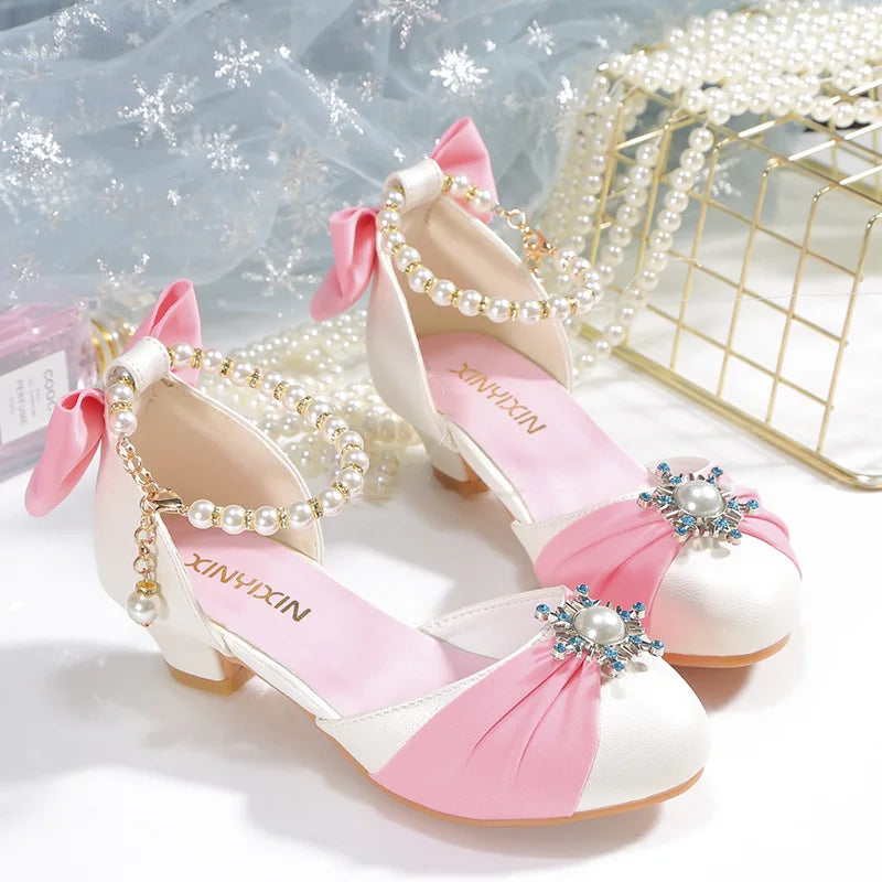 Kids Leather Shoes for Girls Knot Banquet Party Children High Heel Shoe for Kids Girls Sandals Student Crystal Princess Shoes