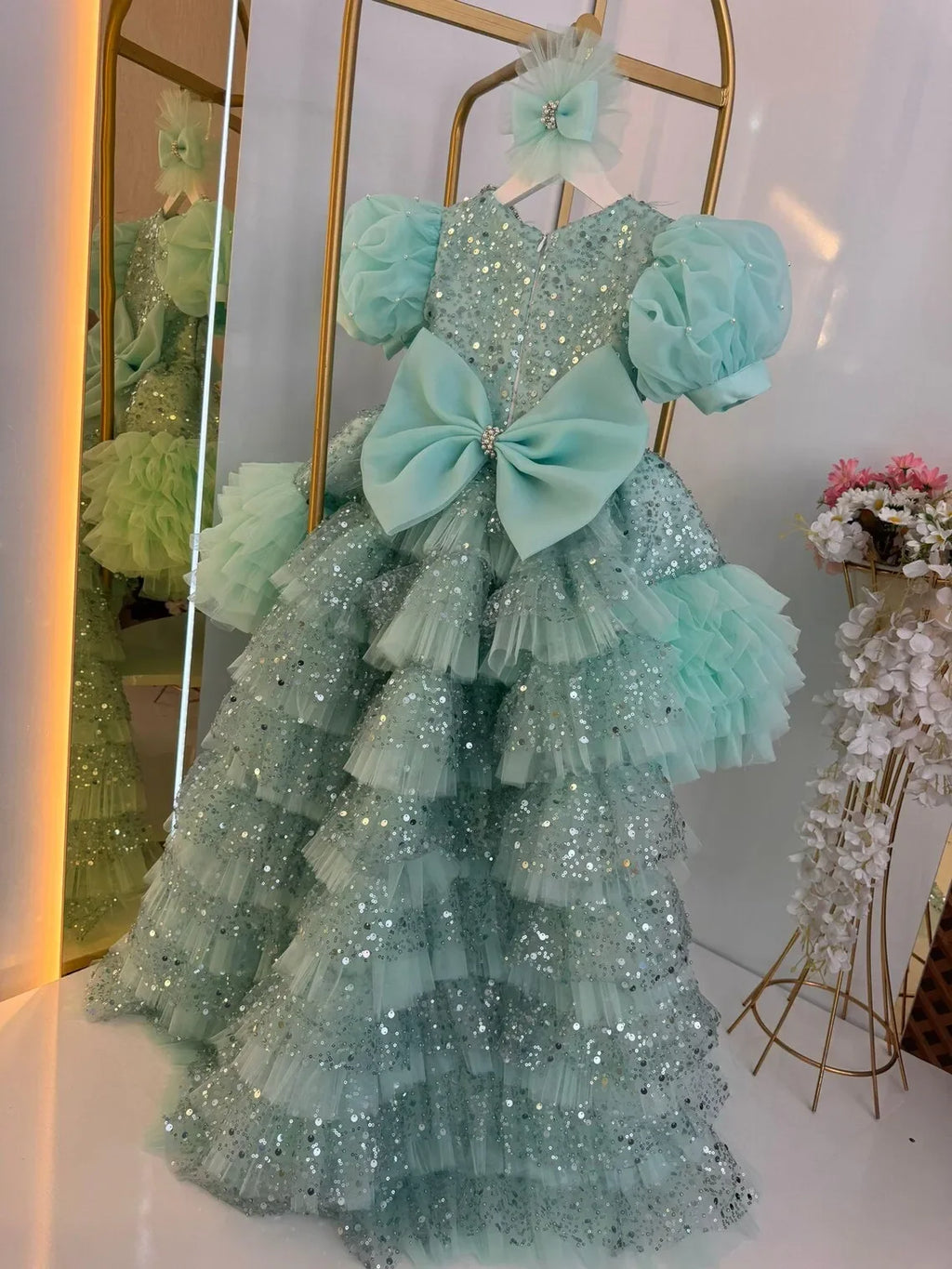 Customized Flower Girl Dresses for Weddings Party Birthday Pageant Tulle Prom Gown with Train Puffy Glitter Hot Pink Princess