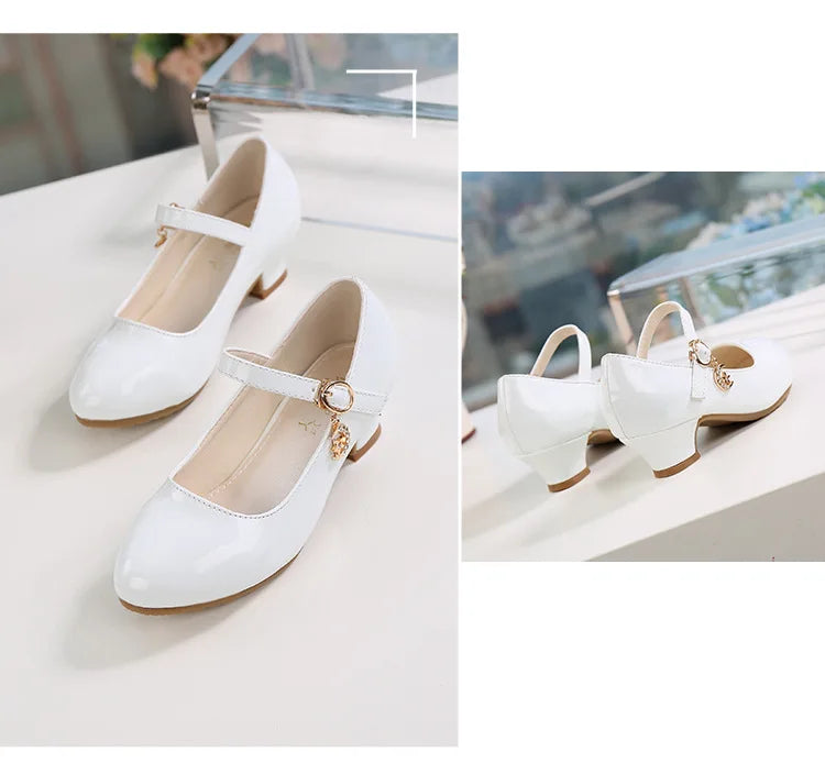 2024 New Four Seasons Girls High Heels Princess Performance Shoe for Students White Children Wedding Party Dnace Shoes Black Red