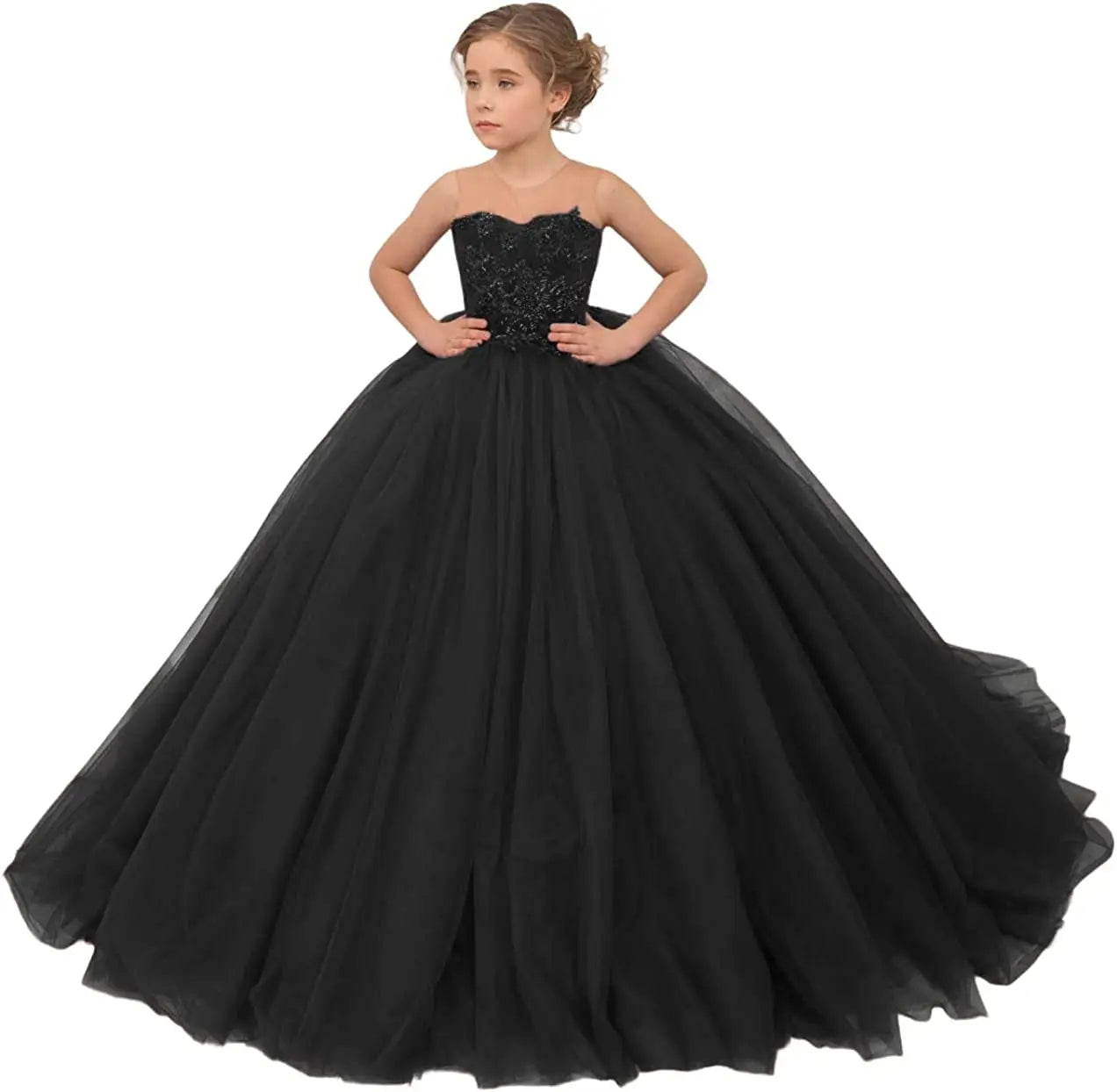 Burgundy Pageant Drsss for Girls Long Train Sheer Neck Flower Girls Dress Lace Toddler Princess Ball Gowns